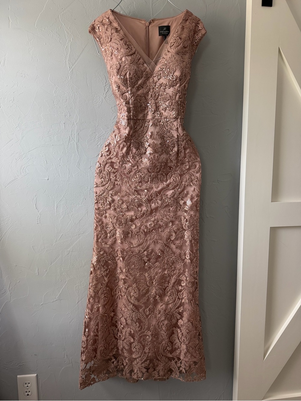 Adrianna Papell Rose Gold Embroidered Lace Midi Dress